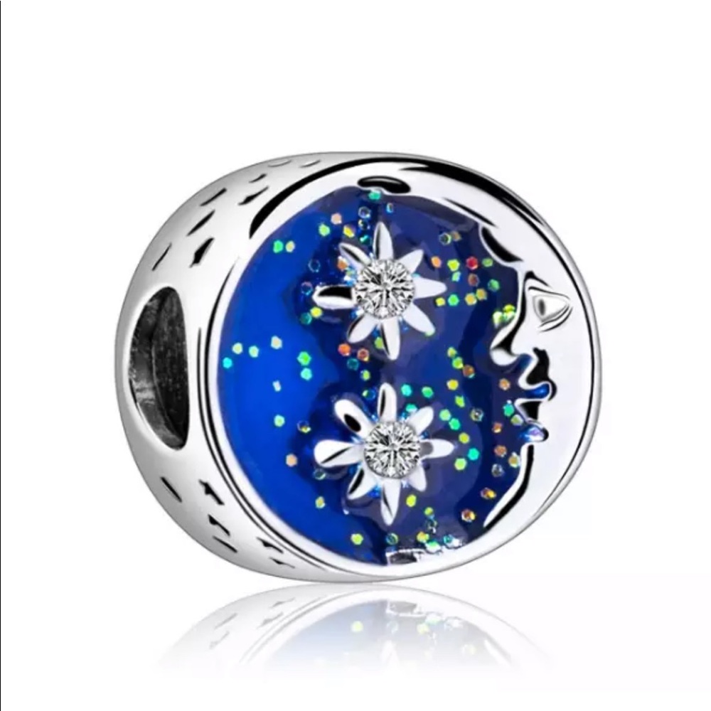 NEW•Silver & Blue crescent moon/stars DIY charm